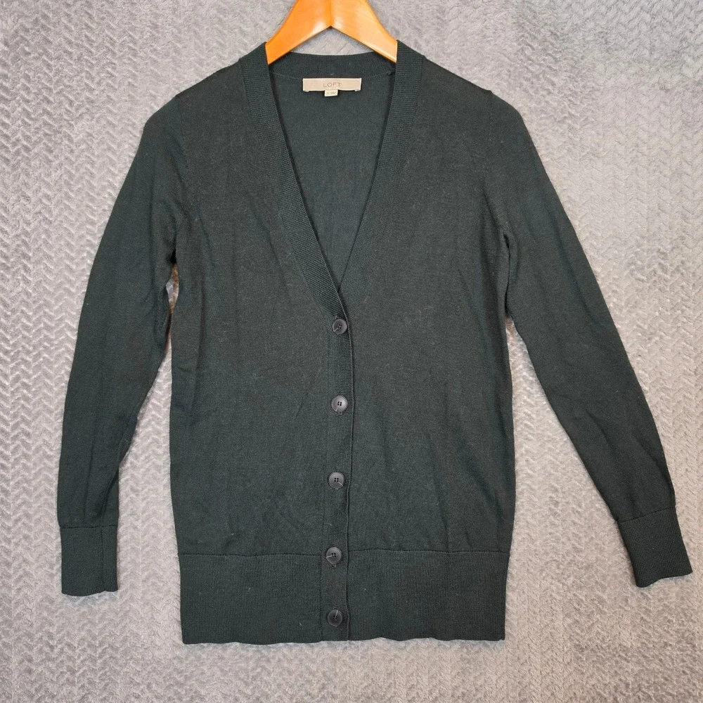 LOFT Womens Forest Green Wool Blend V-Neck Button Front Cardigan Sweater Small